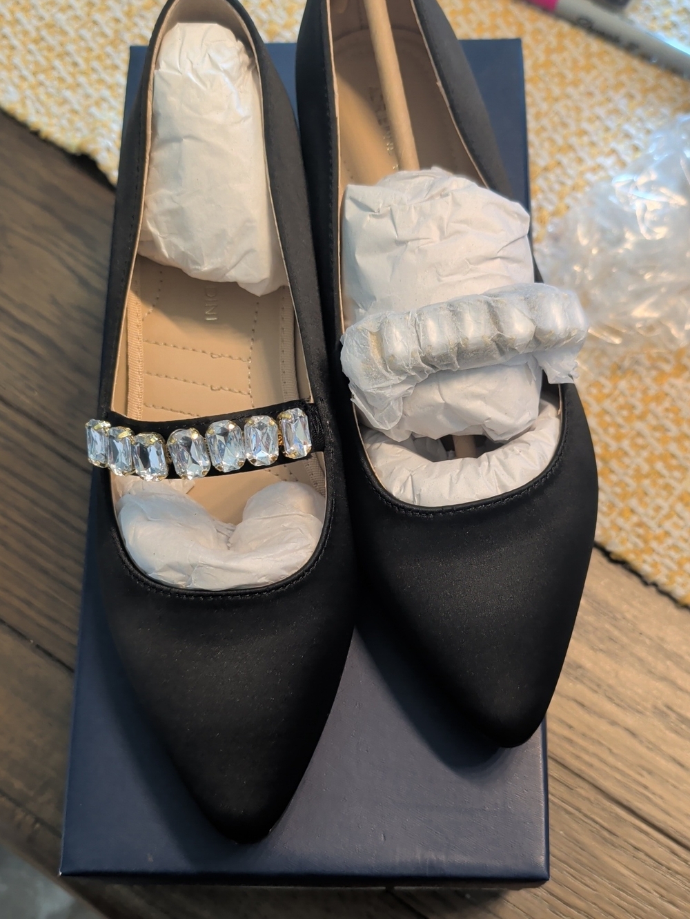 Adrienne Vittadini Black Satin Women's Pointed Toe Heel with Crystal Strap